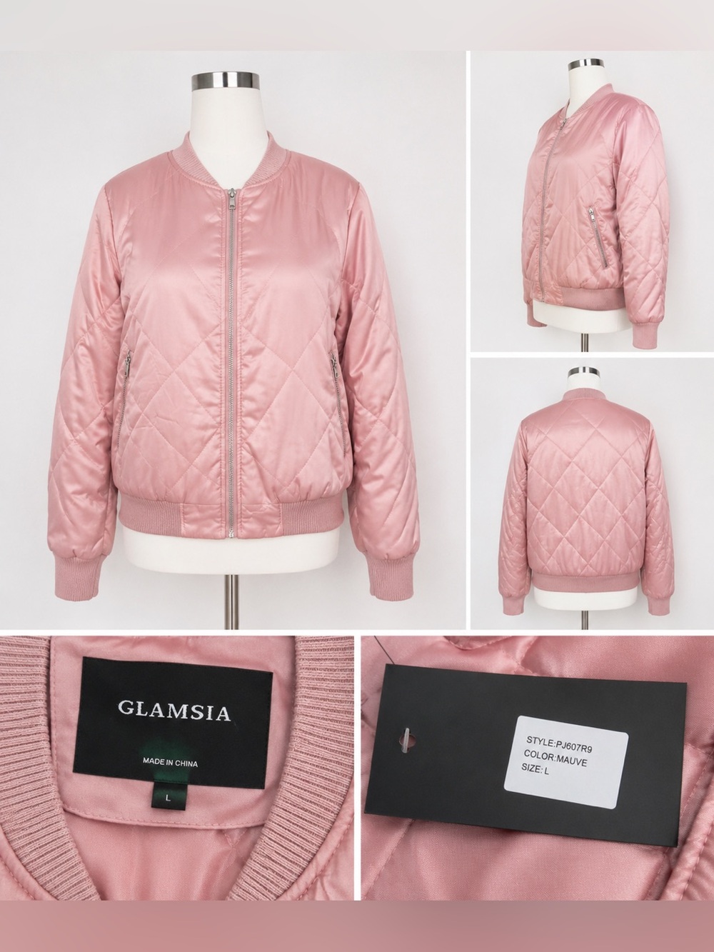 Glamsia Mauve Quilted Satin Bomber Jacket